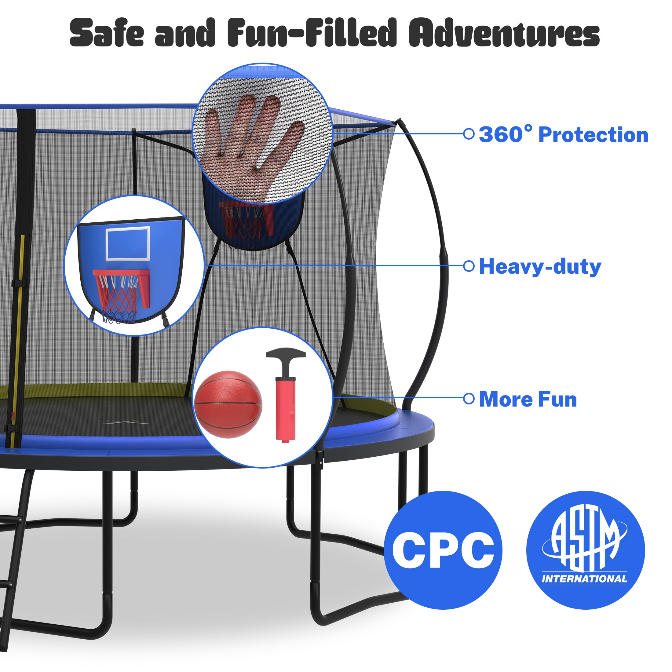 12FT Trampoline with Enclosure for Kids Adults, SEGMART Outdoor Pumpkin Round Recreational Trampoline with No-Gap Design, Heavy Duty Backyard Trampoline with Basketball Hoop for Indoor Outdoor