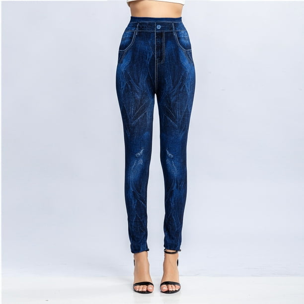 Women's Denim Print Fake Jeans Look Like Leggings Sexy Stretchy High Waist  Slim Fitted Skinny Jeggings Tights Trousers 