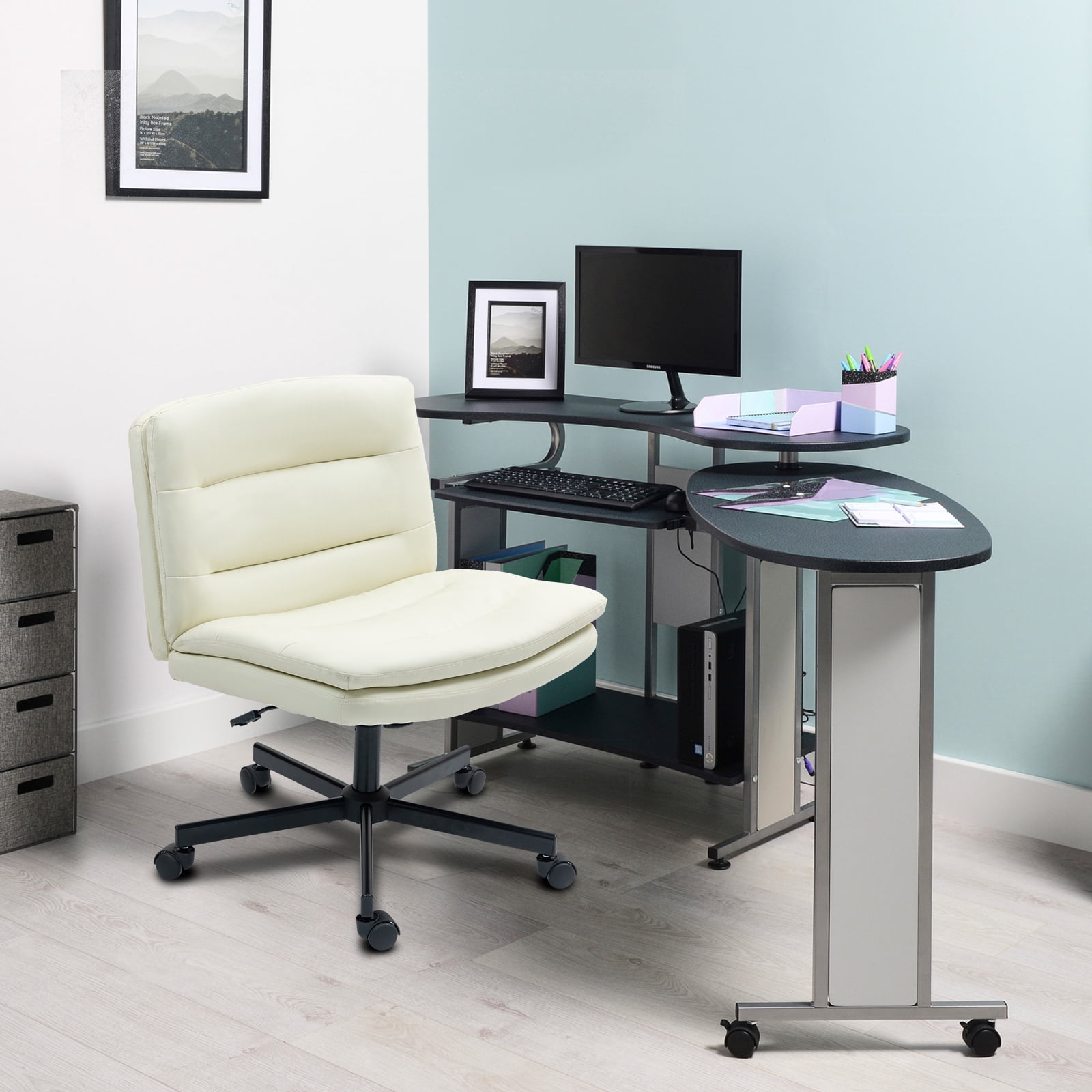 Criss Cross Legged Chair Ergonomic Home Office Desks Chair with Casters, Armless Wide Comfy Vanity Desk Seat Swivel Rolling Computer Chair, Adjustable Height, Rocking Function, Beige