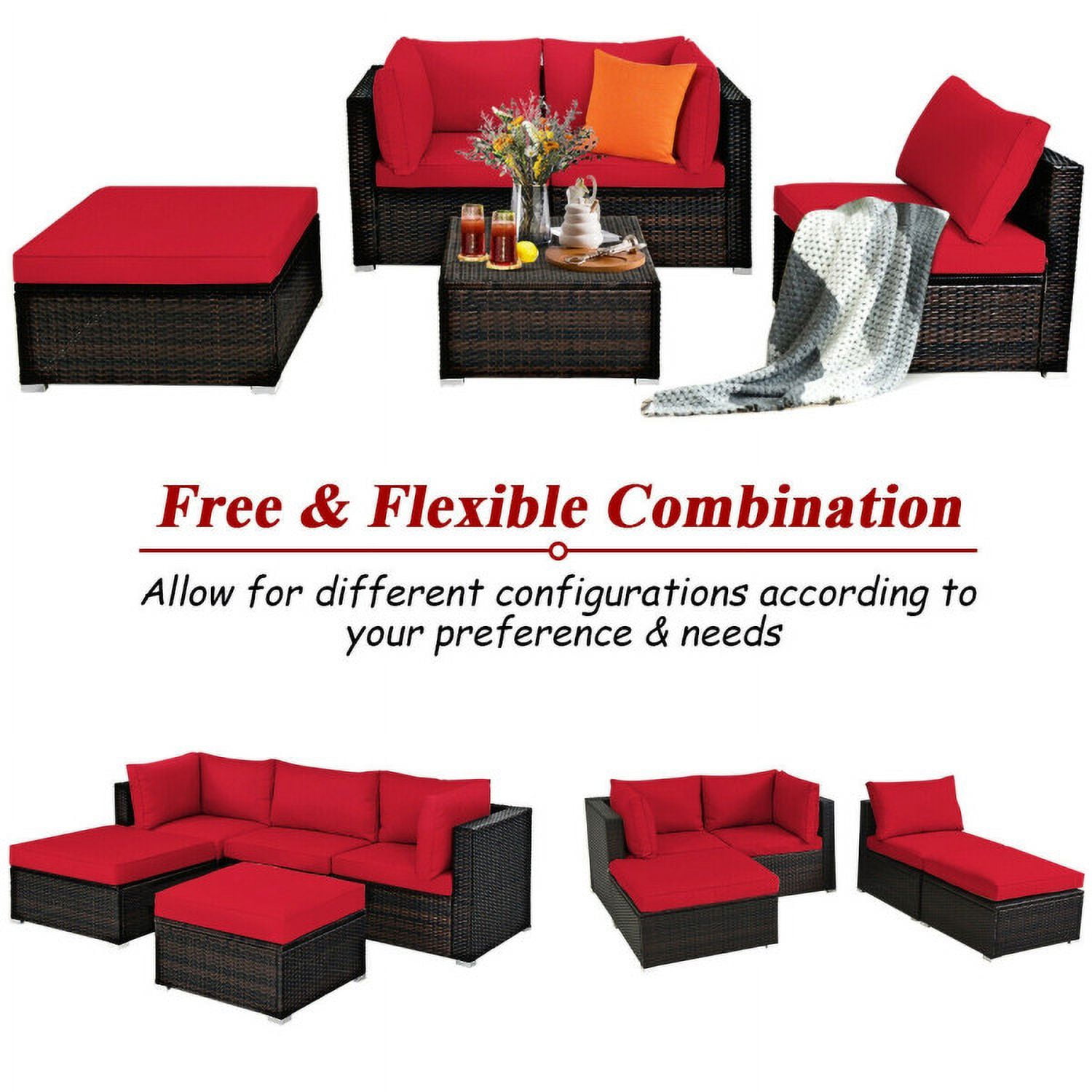Aimee Lii 5 Pieces Patio Rattan Sectional Conversation Ottoman Furniture Set, Outdoor Patio Set, Red