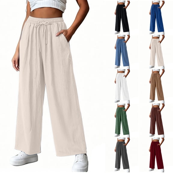 Tumotour Linen Pants for Women Plus Size Athletic Workout Running Slacks Drawstring Pocket Wide-Leg Pants Summer Beach Trousers