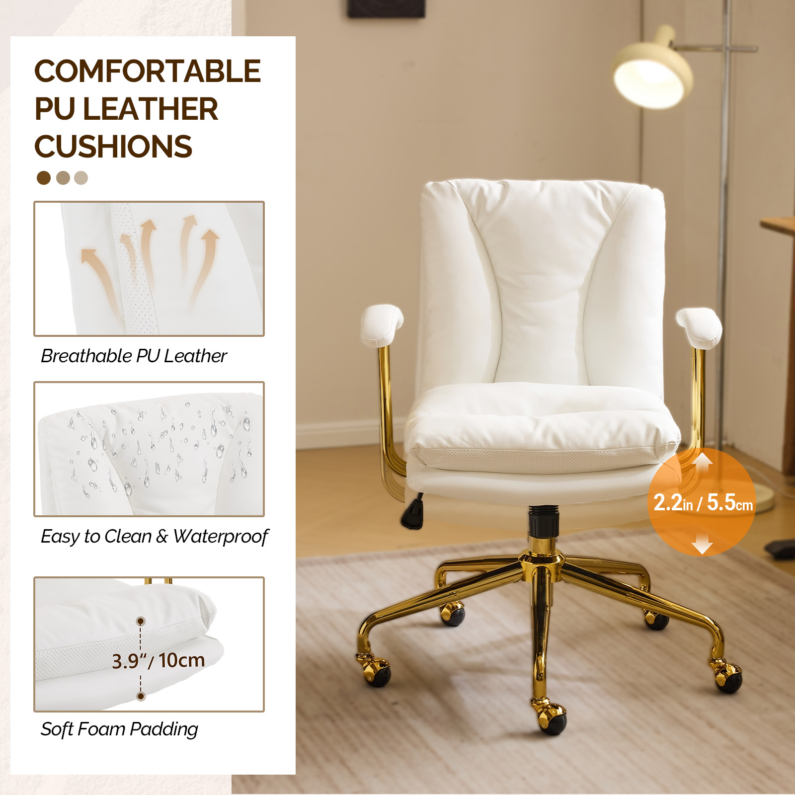 Ktaxon Office Chair High Back Study Chair PU Leather Adjustable Swivel Vanity Chair with Padded Armrests for Conference and Home White