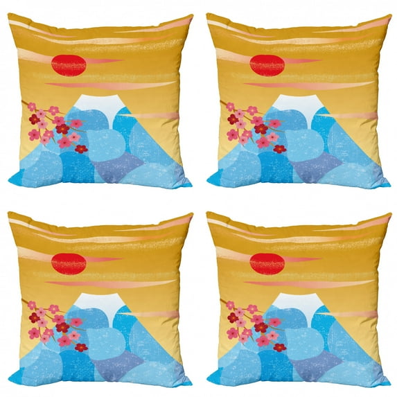 Mountain Throw Pillow Cushion Case Pack of 4, Vertical Illustration of High Cliff Silhouette with Flowers, Modern Accent Double-Sided Print, 4 Sizes, Earth Yellow Dark Pink, by Ambesonne