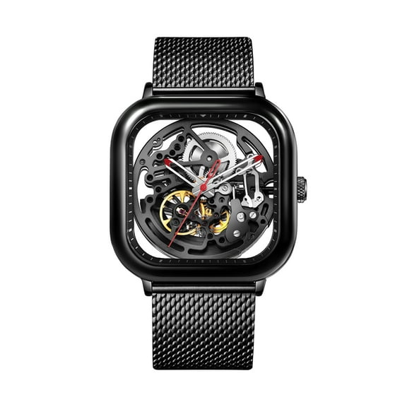 CIGA Design Men's Automatic Watch, C Series Full Hollow Skeleton Mechanical Analog Wristwatch with Milanese and Leather Strap Sapphire Crystal Mirror (Black)