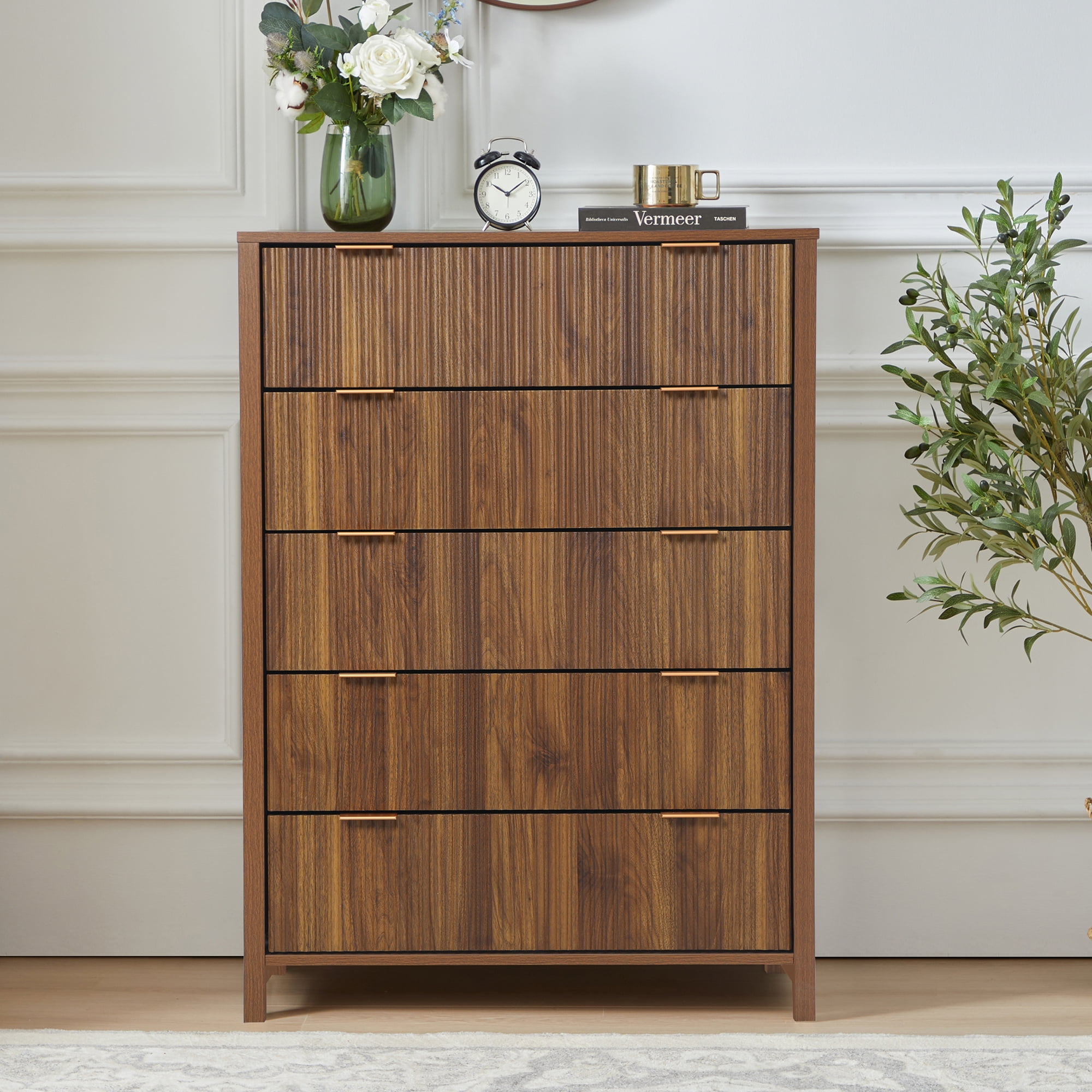 Weselon 5 Drawer Fluted Dresser for Bedroom, Modern Closet Chest of Drawers with Waveform Panel, Wood Storage Dresser Organizer, Walnut