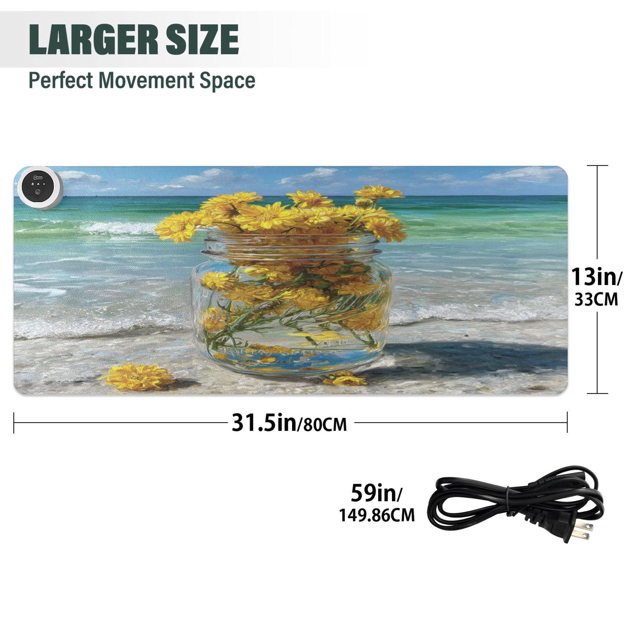 Large Heated Desk Mat Mouse Pad 31.5"x13"PU Leather Graphene Heating Desk Warmer with 3 Temperature Settings 110V US Plug Non-Slip Warm Pad for Home, Office, and Gaming Yellow Daisy Glass Jar