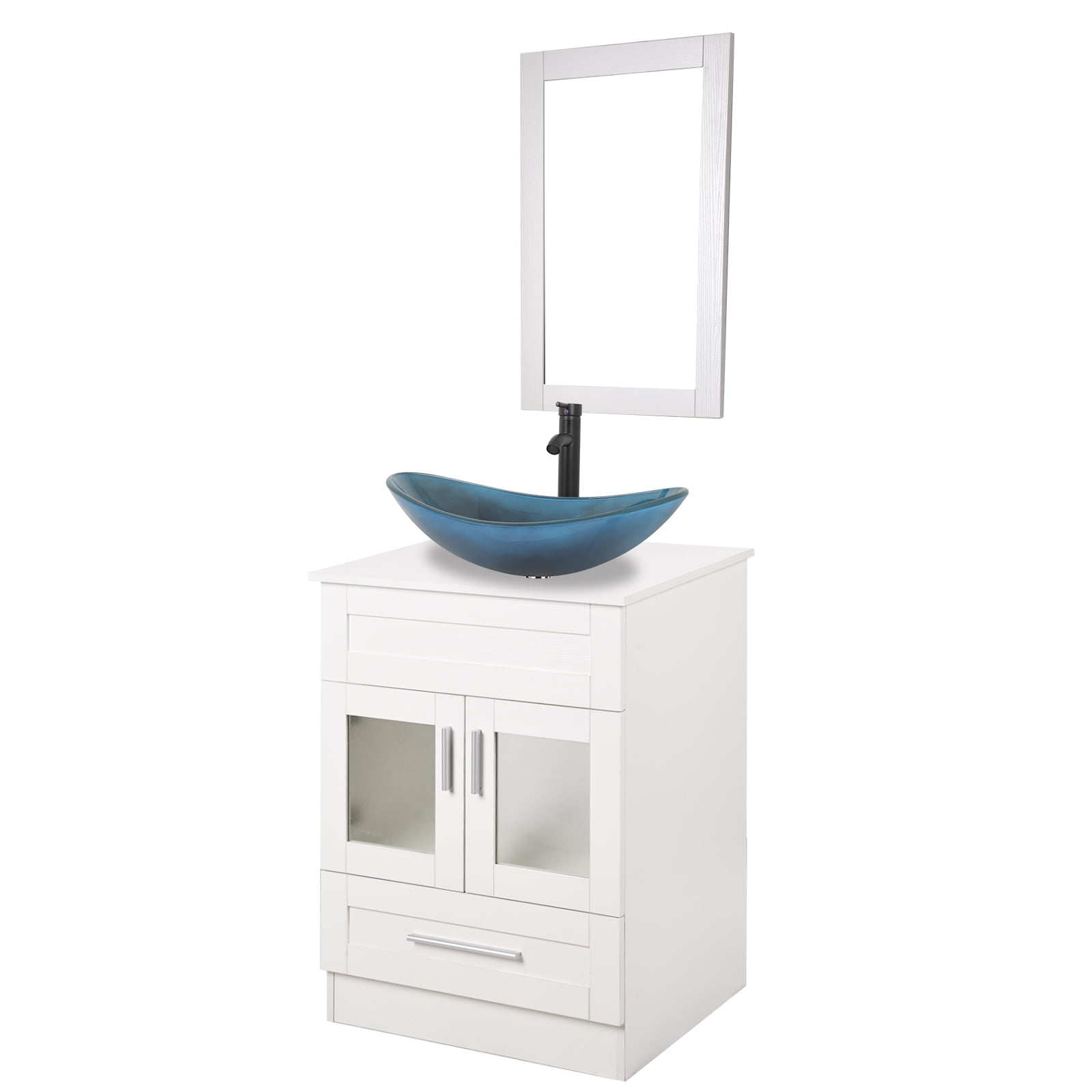 ELECWISH 24-Inch Bathroom Vanity in White with Mirror and Vessel Sink Set, Modern Stand Pedestal Cabinet with Glass Sink Set