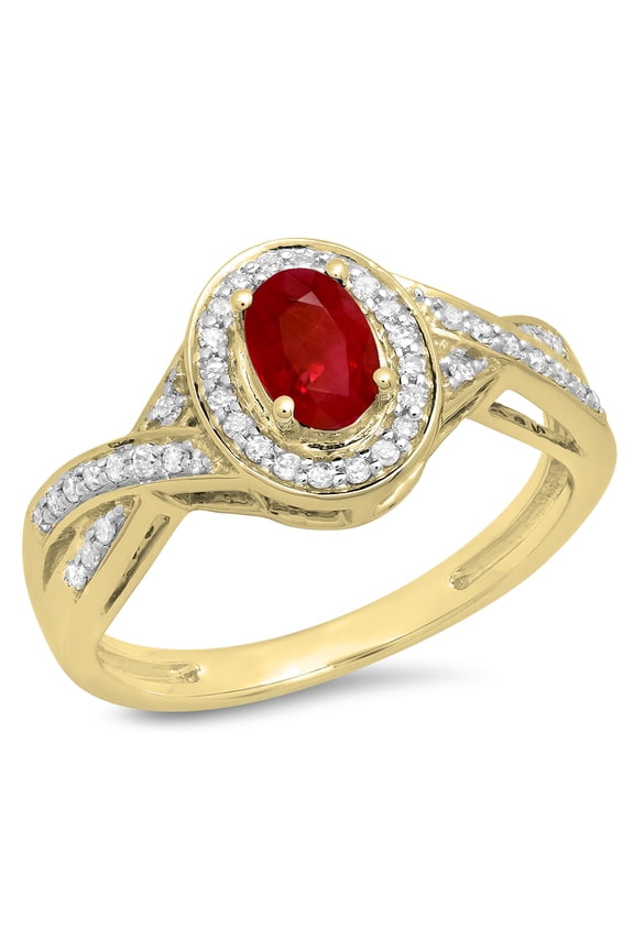 0.75 Carat (ctw) 14K Yellow Gold Oval & Round Cut Ruby & White Diamond Ladies Swirl Split Shank Bridal Halo Engagement R