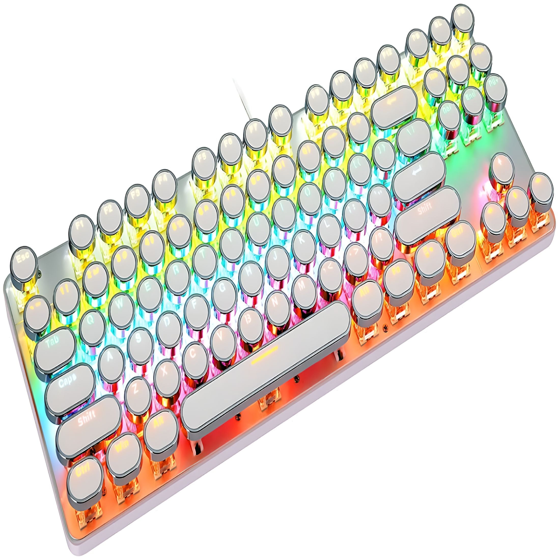GJX Mechanical Gaming Keyboard Typewriter Style with RGB LED Rainbow Backlit Blue Switch Retro Steampunk Round Keycaps for Windows Gaming PC (87 Keys)
