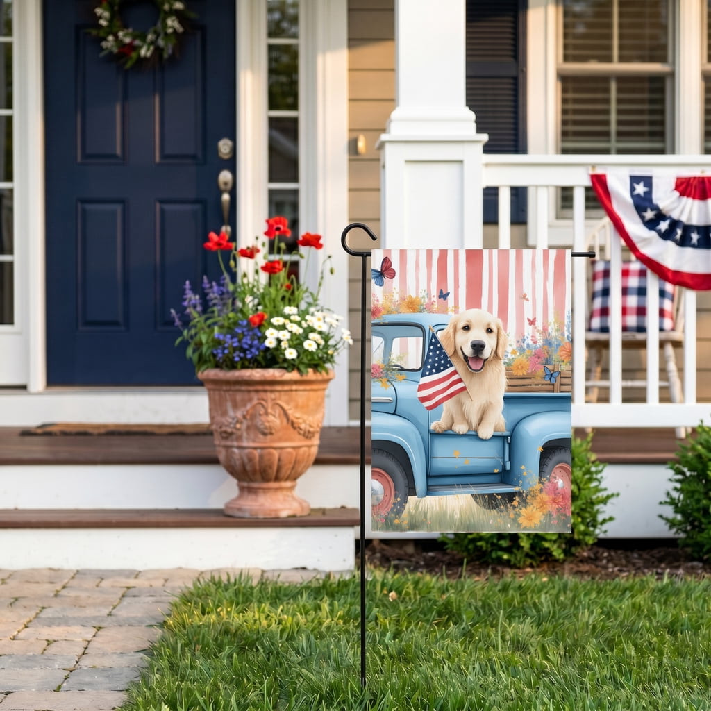 USA 250th Anniversary Garden Flag Spring House Flags 28x40 Double Sided 4th Of July Decorations with Dog Sitting in Blue Truck Holding American Flag