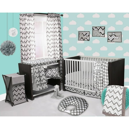 Bacati - Ikat Dots/Damask 4-Piece Crib Bedding Set with 2 Muslin Swadling Blankets, White/Grey