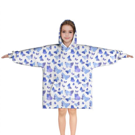 Light Blue Butterfly Purple Pattern Blanket Hoodies for Kids 6-13YR Oversize Wearable Blanket Hoodies for Boys Girls Teens