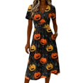 thumbnail image 4 of Women's Halloween Midi Dresses Pumpkin Ghost Short Sleeve Spooky Dresses Witch Hat V Neck Funny Sundress, XL, 4 of 5