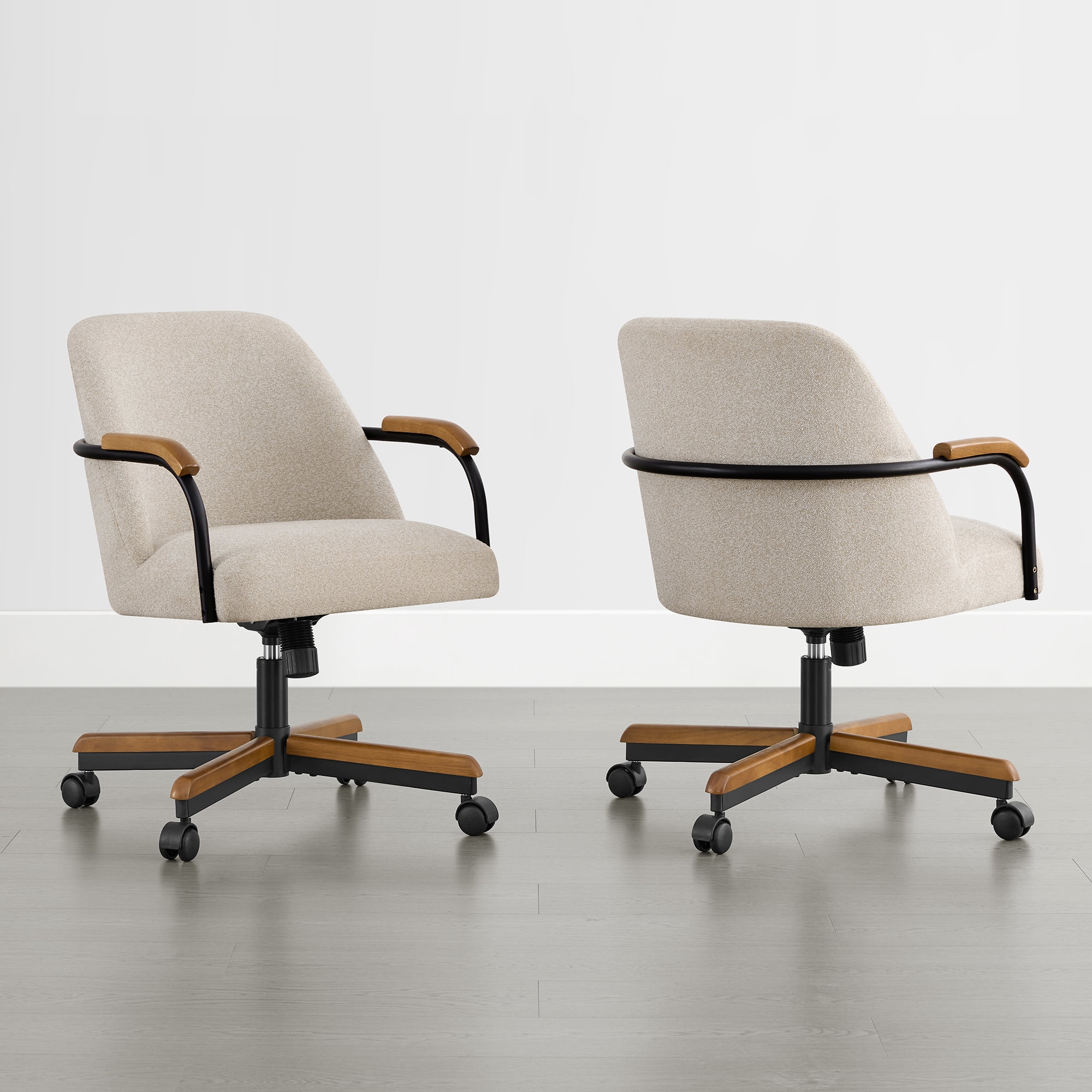 Spruce & Spring Swivel Dining Chairs Set of 2, Upholstered Tilt Chairs with Caster Wheels, Metal Frame & Wood Accents, for Dining Room, Kitchen & Home Office, Sand Fabric