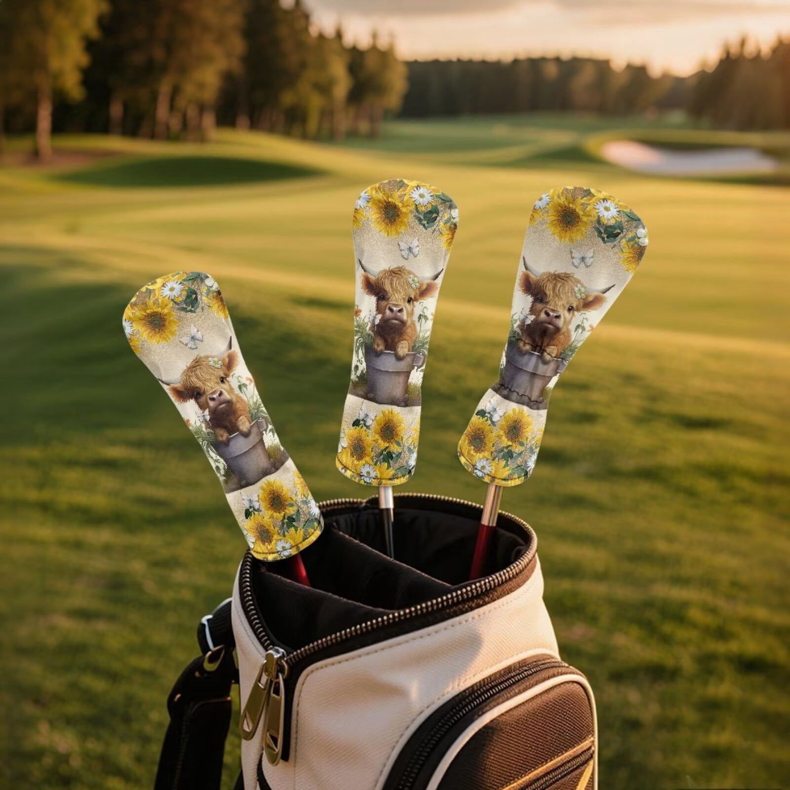 Uorisanigo Golf Club Head Covers - 3pcs Accessories Baby Highland Cow Sunflower Golf Club Headcovers Set for Fairway Woods Driver Hybrids- Waterproof and Durable PU Leather