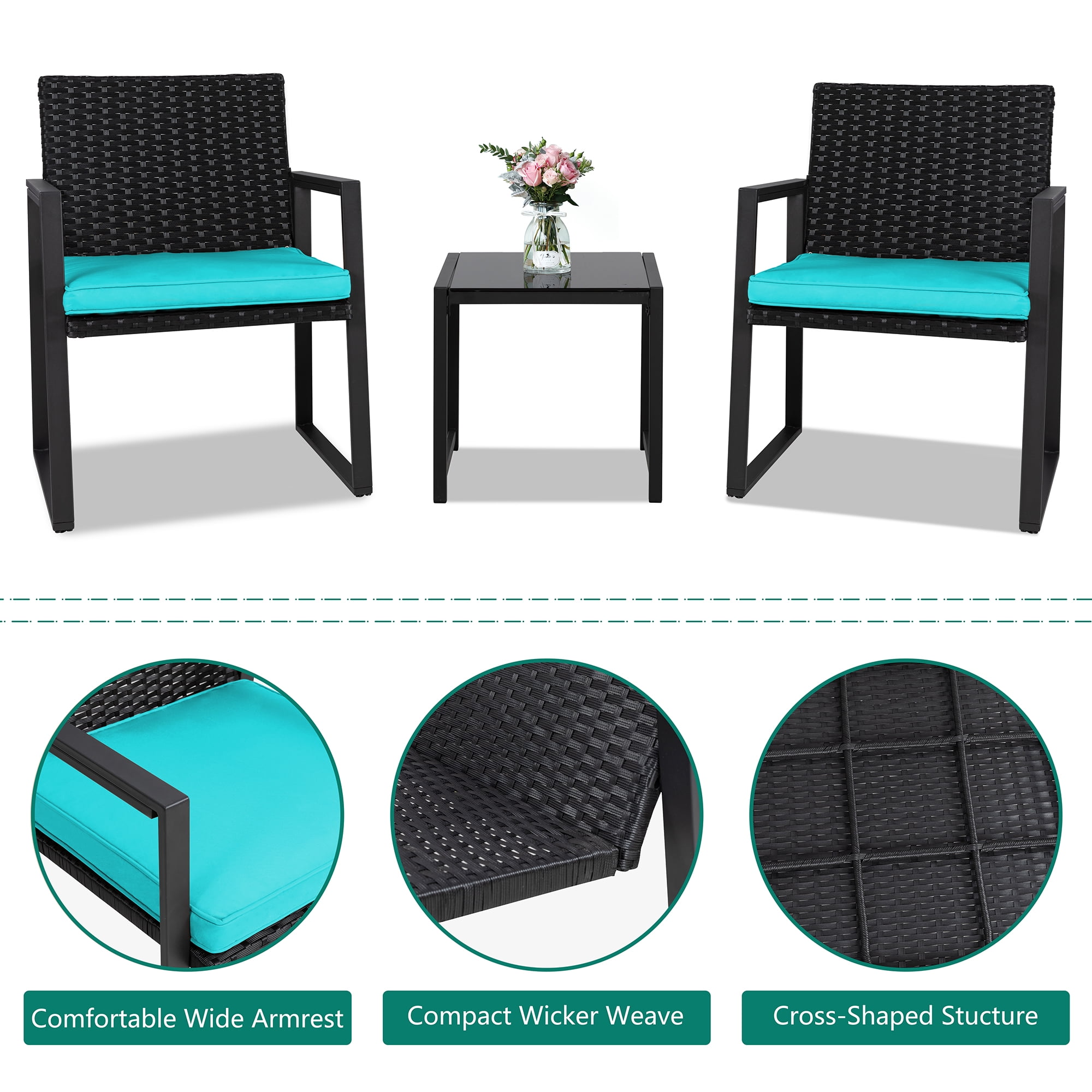Walsunny Outdoor Patio Bistro 3-Piece Balcony Furniture Sets with 1 Outdoor Bistro Glass Table Bistro Wicker Chairs Set of 2 Blue