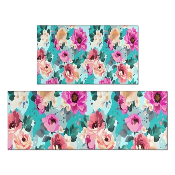 Pioneer Flower Floral Print Pattern Kitchen Rugs Sets Of 2,Anti Fatigue Kitchen Mat Rugs Non Slip Washable,Decorative Kitchen Floor Mats for Kitchen,Sink,Laundry,17"x30" 17"x47"