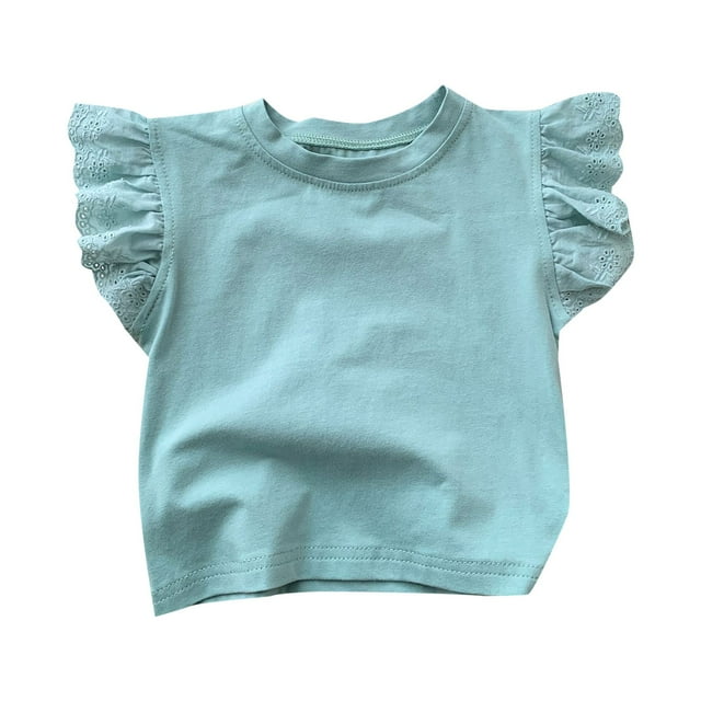Rovga T-Shirt d'Été pour Filles 12-18 Mois Couleur Unie Manches Courtes Col Rond Manches Volantes T-Shirt Sortie Col Rond Doux Bleu