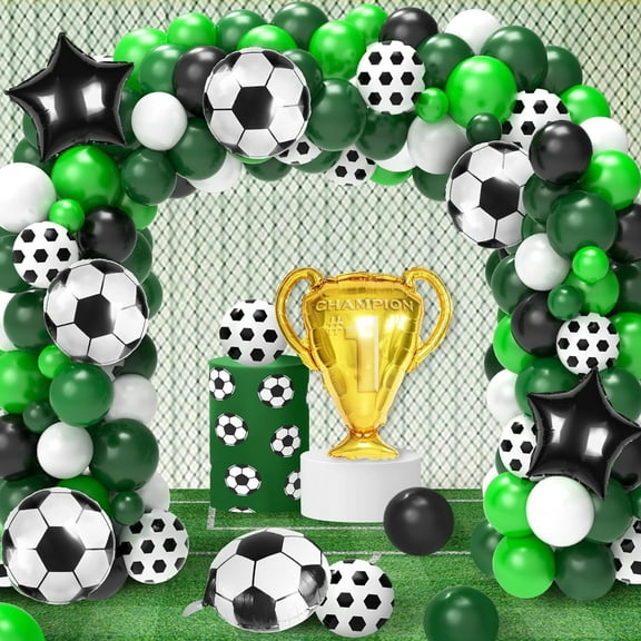 SKTMH 116 Pcs Soccer Balloon Garland Arch Kit Soccer Party Decorations Soccer Balloons Green White Black Balloon Arch White Black Green Balloons Trophy Balloon for Sports Party Decorations