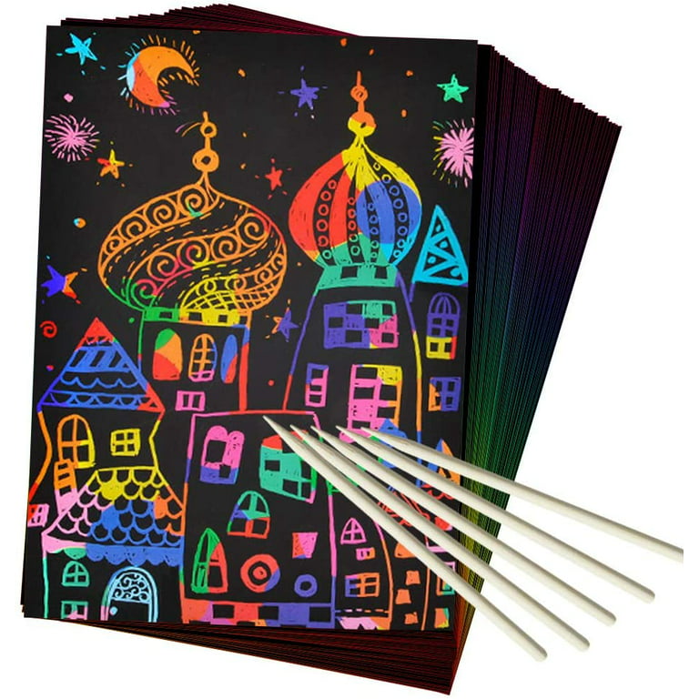 OUSITAID 7.48*5.11 Scratch Paper Art Set, 50 Pcs Rainbow Magic Scratch  Paper for Kids, Black Scratch Art Crafts Notes Boards Sheet with 5 Wooden  Stylus for Easter, Party, Christmas Gift 