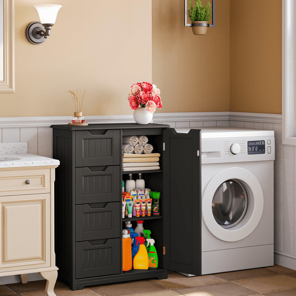 Aiho Wooden Kitchen Pantry Cabinet, 31.5"L Kitchen Storage Cabinets with 4 Drawers, 1 Door and Adjustable Shelves, For Kicchen, Dining Room, Livingroom, Bathroom - BLack