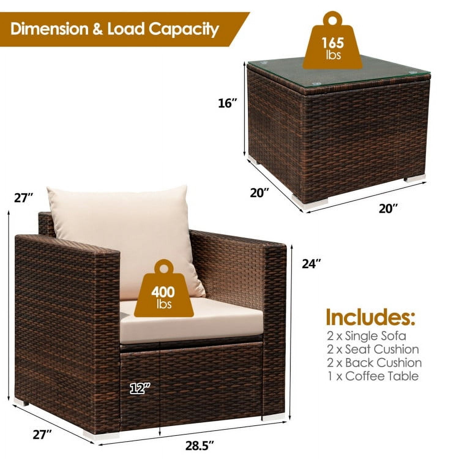 Aimee Lii 3 Pcs Patio Rattan Furniture Bistro Sofa Set with Cushioned, Modern Patio Furniture, Beige
