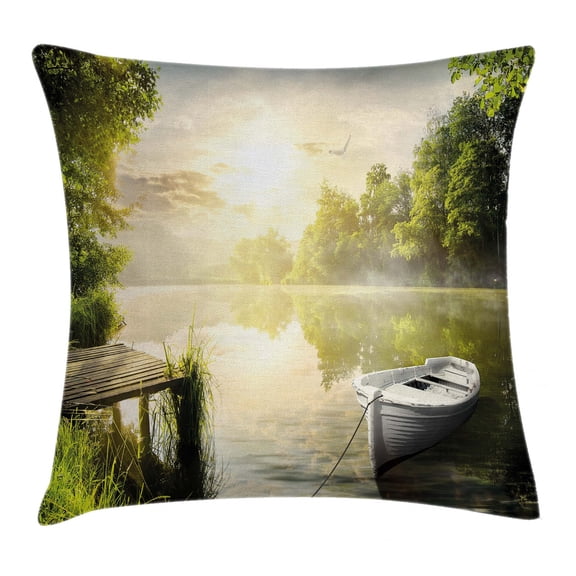 Nature Throw Pillow Cushion Cover, Boat by the Foggy Lake Deck Dreamy Forest in the Morning Country Style Image, Decorative Square Accent Pillow Case, 24 X 24 Inches, Olive Green White, by Ambesonne