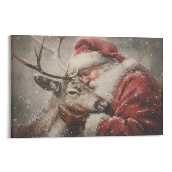 Vintage Christmas Canvas Wall Art Santa Claus Reindeer Prints Poster Cozy Holiday Oil Painting Snowfall Winter Decor Christmas Pictures Decoration for Living Room Bedroom