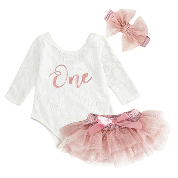 IBTOM CASTLE Baby Girls 1st Birthday Outfit Cake Smash Floral Lace Romper   Tutu Skirt   Bow Headband Princess Dress Photo Shoot Clothes 9-12 Months Pink