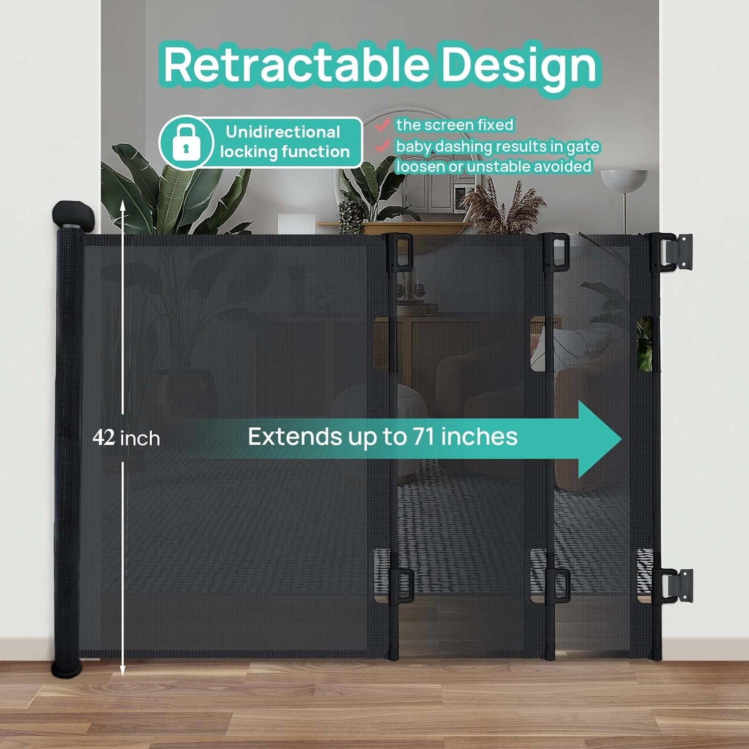 Retractable Baby Gate, HDJ 42in Extra Tall Baby Safety Gate, 71" Wide Baby Gate Dog Gate for Stair, Doorway,Metal Auto-Lock,Black