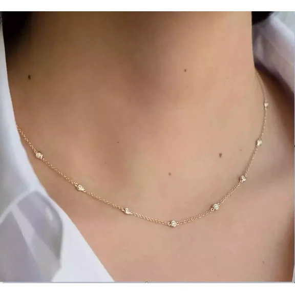 Pretty 2Ct Round Cut Simulated Diamond Station Women's Necklace 14K Yellow Gold Plated 925 Silver For Her 18"