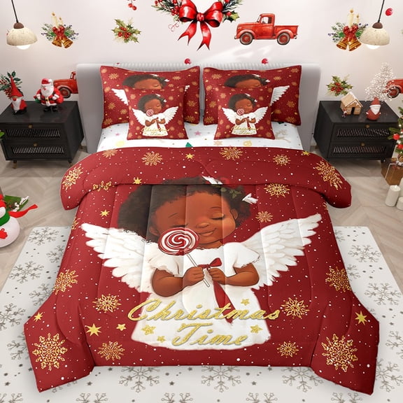 Homewish Black Girl Angel 7-Piece Twin Bedding Sets for Teens Children Kids,Merry Christmas Bedding Comforter Set,Xmas Snowflake Breathable Sheet Sets,Super Cozy Room Decor,Reversible