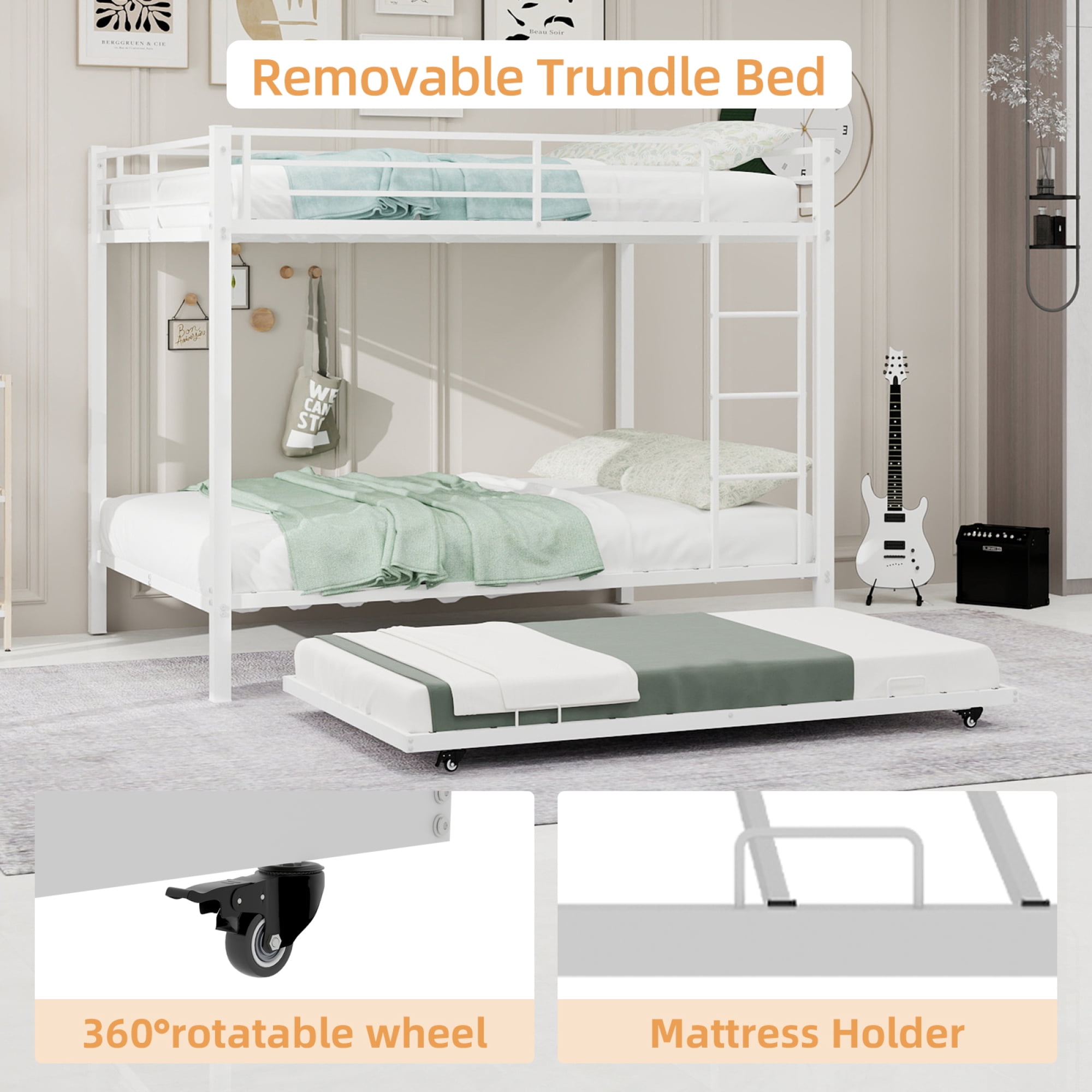 Leumius Triple Bunk Bed Full over Full with Trundle, Convertible Metal Bunk Bed Frame with Ladder & Safety Guardrail, Space-Saving for Teens and Adults,White