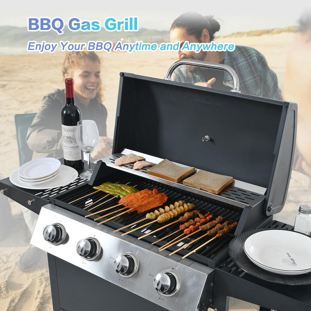 Kepooman Grill with Two Shelves, Lid, Wheels and Bottle Opener, Outdoor BBQ Grill with 4 Burner and Stainless Steel 34,000 BTU for Outdoor, Black