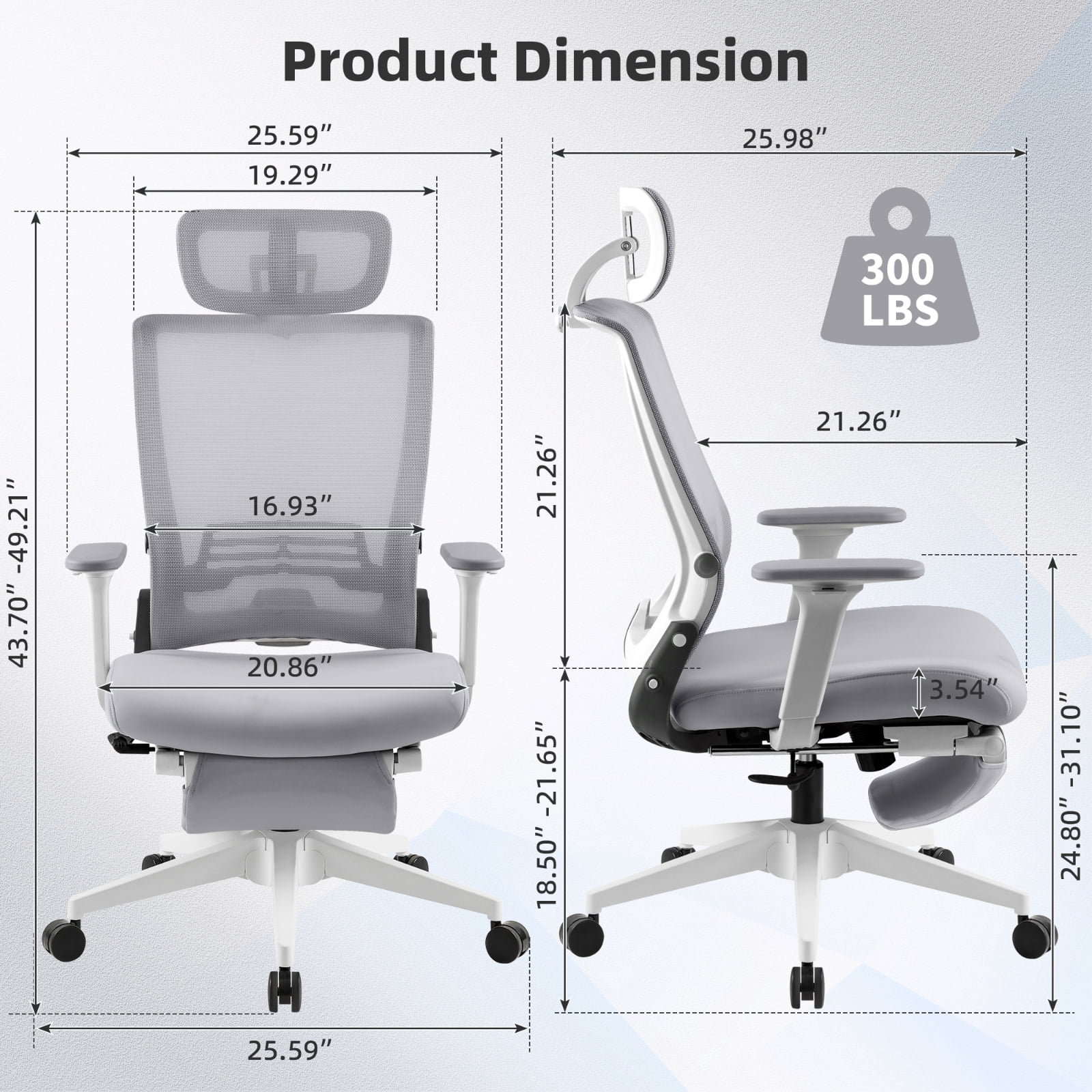 Hforesty Grey Foldable Office Chair with Footrest – Ergonomic Mesh Computer Chair, Lumbar Support, Swivel Tilt, 300lbs