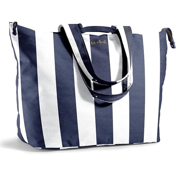 Fit & Fresh All The Things Weekender Bag, Extra Large Tote Bag for Travel, Beach, Navy Stripe