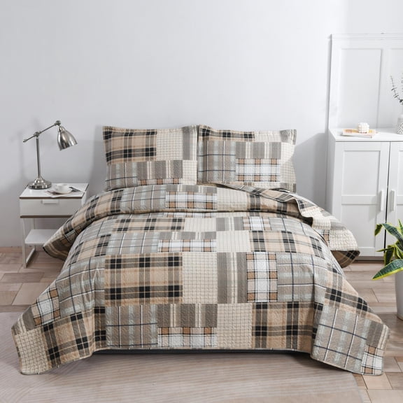 Smuge 3 Piece Quilt Set Queen/Full Size Bedspread Coverlet Plaid Patchwork Bedding Reversible Quilt Microfibers Coverlet Lightweight Bedding Grey Beige