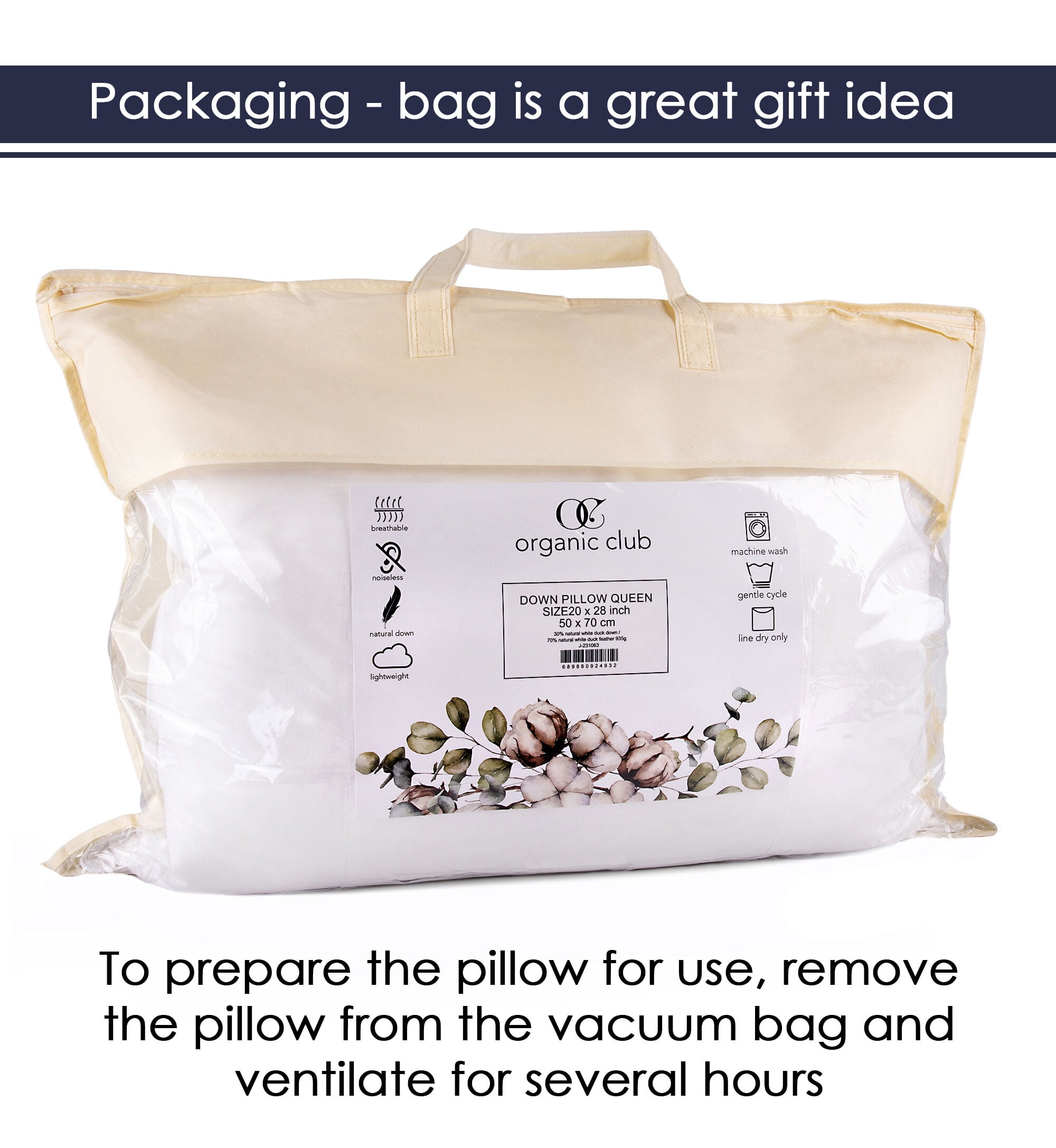 Organic Club Queen Size Duck Down Feather Bed Pillow, 1 Count