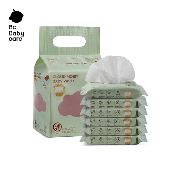 Bc Babycare Unscented Baby Wipes, 99% Water Based, Ultra Thick & Soft, 6 Pack Travel Pocket Size, Cloud Moist