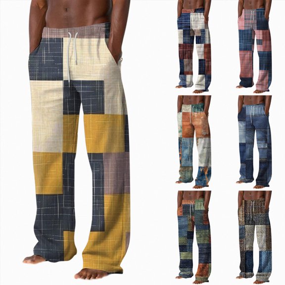Men's Cotton Linen Pants Elastic Waist Drawstring Casual Trouser Lightweight Straight-Legs Loose Beach Yoga Pants Red S