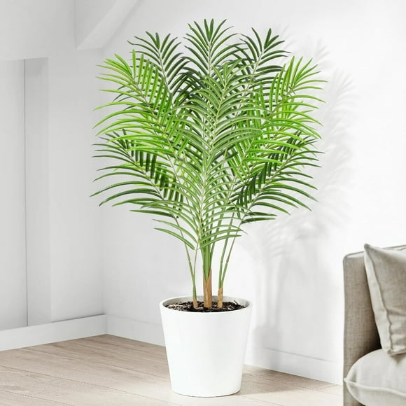 Artificial Palm Tree 4ft Tall Fake Palm Tree Indoor Decor with 13 Trunks and Real Bark Design Faux Tropical Areca Palm Silk Floor Plant in Pot for Home Office Living Room Bedroom Decor 1pcs