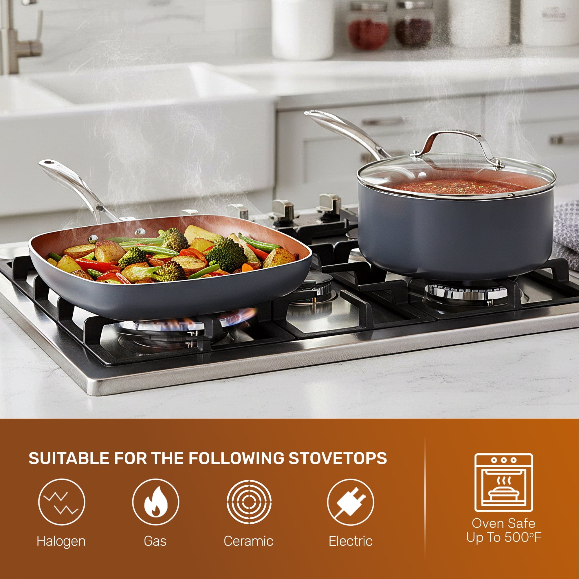 Gotham Steel 15 Piece Ceramic Cookware Set, Nonstick, Nontoxic, Oven & Dishwasher Safe, Stay Cool Handles Ceramic Cookware Set, Copper
