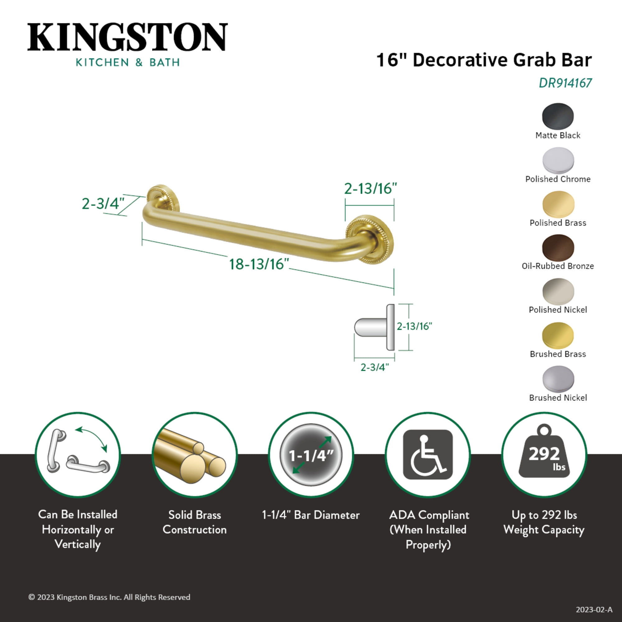 Kingston Brass DR914167 Camelon 16" x 1-1/4" O.D. Brass Decorative Grab Bar, Brushed Brass