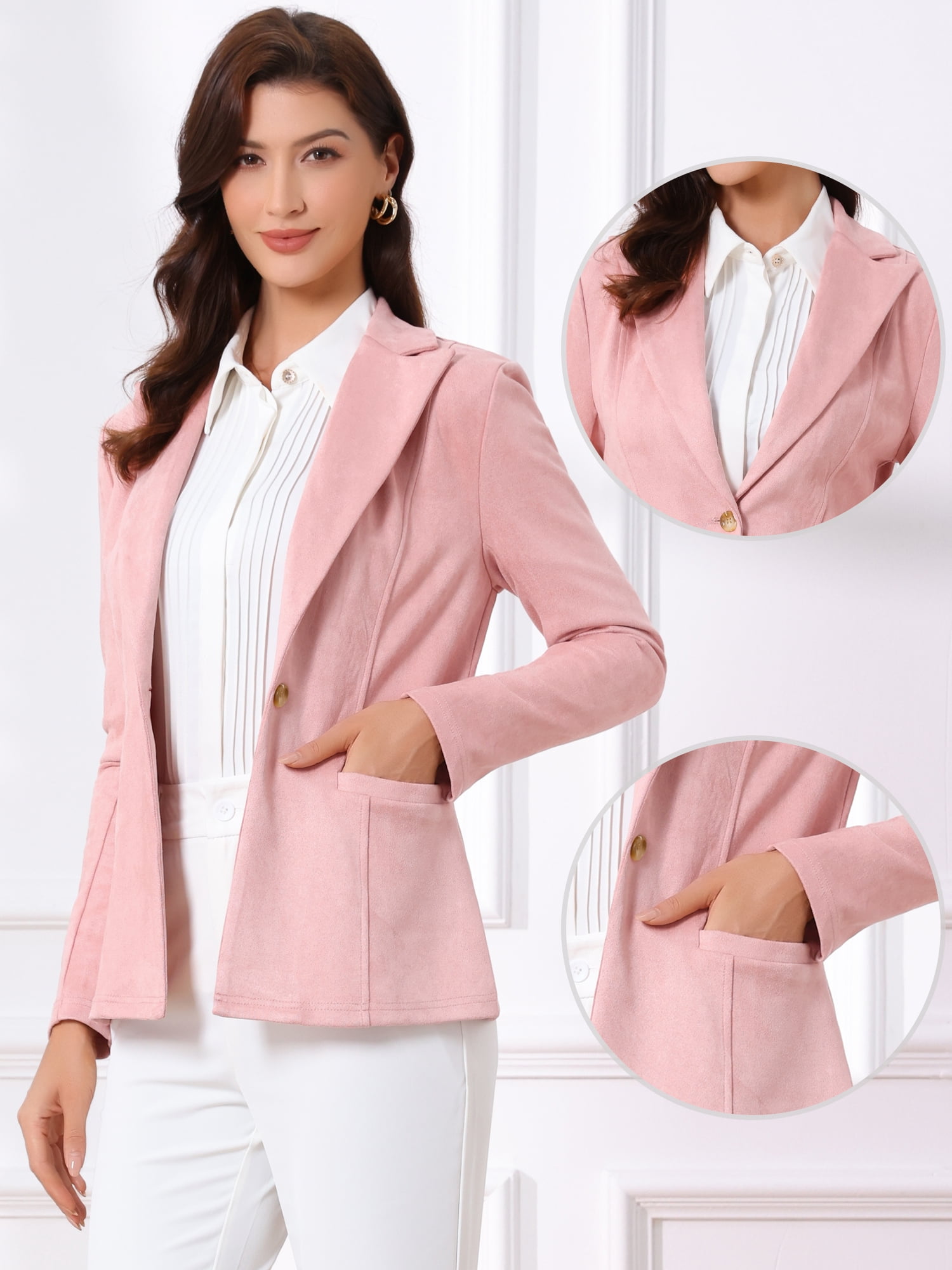 DARING DIVA Women's Faux Suede Lapel Collar Long Sleeve Work Jacket M Pink