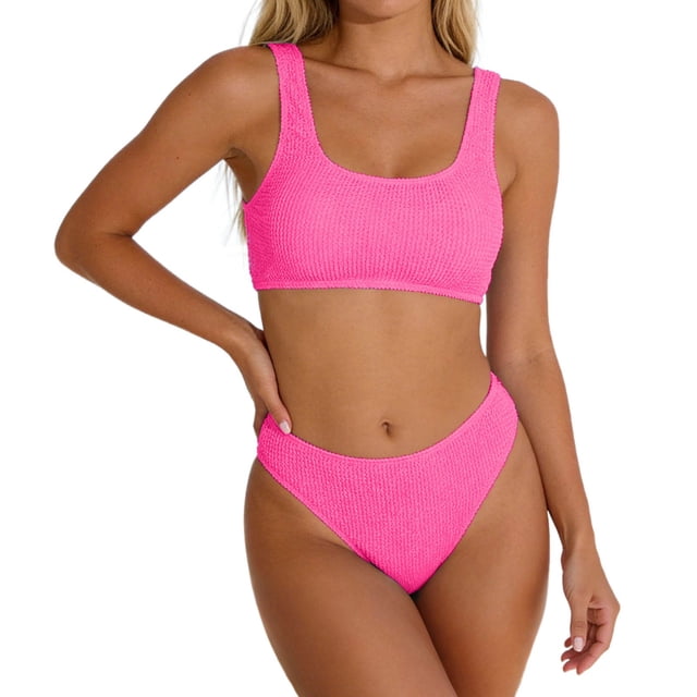 Rugged Ribbed Two Piece Bikini Set Featuring Wide Strap Top and Mid Waist Swimwear For All Seasons Beachwear