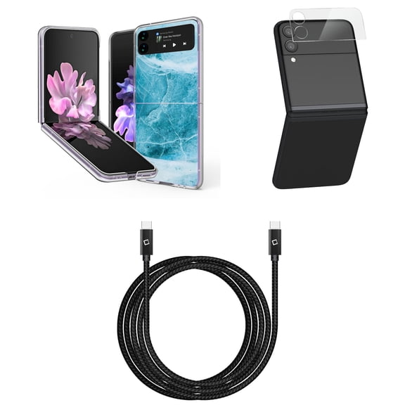 Bemz Premium Bundle for Samsung Galaxy Z Flip 3 5G: Slim Snap-On Protector Case (Aqua Blue Marble), Rear Camera Glass Protector, Nylon Braided USB-C to USB-C Cable (4 Feet)