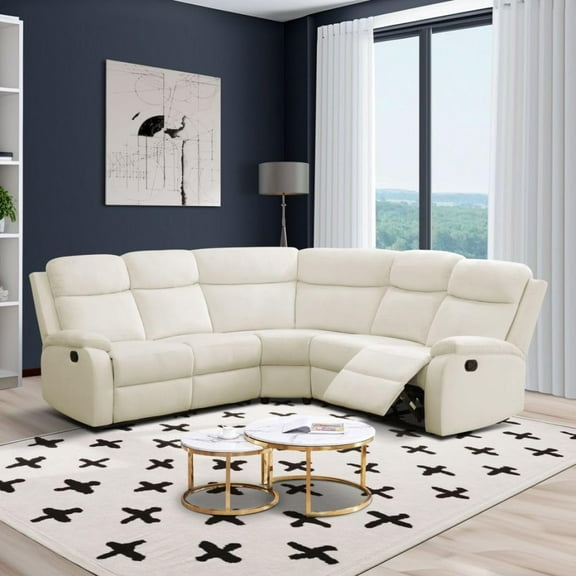 Flannel Recliner Sectional Sofa,Manual Reclining Sectional Couch,Off-White Living Room Furniture Set,5 Seats Recliner Couch for Home Office Apartment Bedroom