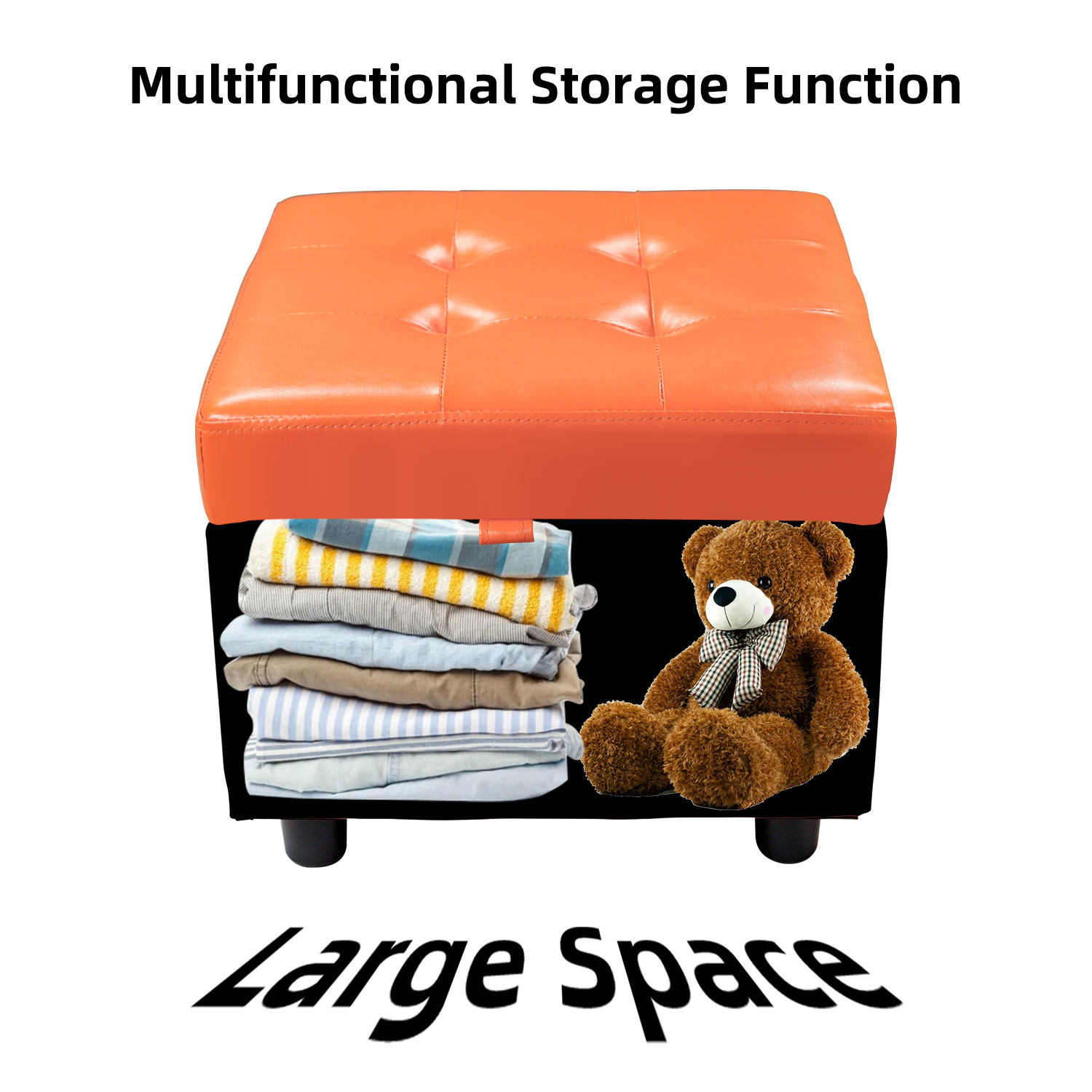 H&B Luxuries Tufted Leather Square Flip Top Storage Ottoman Cube Foot Rest (Orange with Storage)