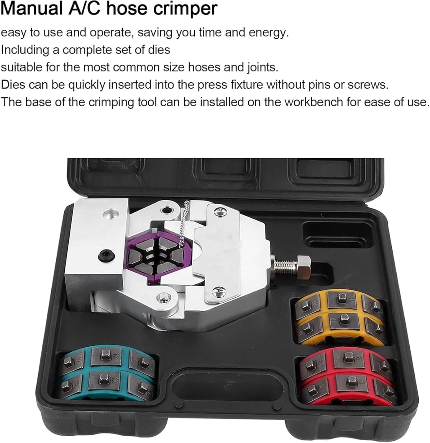Hydraulic AC Hose Crimper, Manual A/C Hose Crimper Kit, Air Conditioning Repaire Hydraulic Hose Crimping Tool with 4 Dies #6 8 10 12, for Automotive Air Conditioner Hose