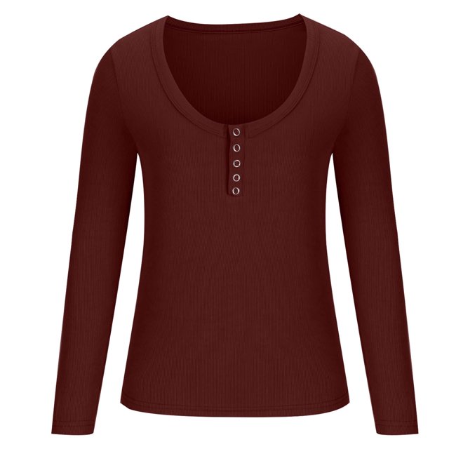 AherBiu Womens Long Sleeve Tops Ribbed Knitted Button Round Neck Undershirts Slim Fitted Stretchy Basic Tops
